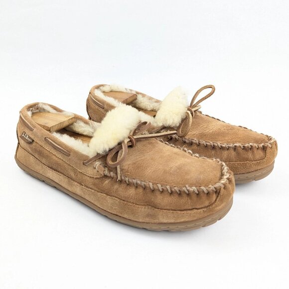 L.L. Bean Moccasins Brown Suede Shearling Lined Slippers Mens Size 10 - Picture 1 of 9